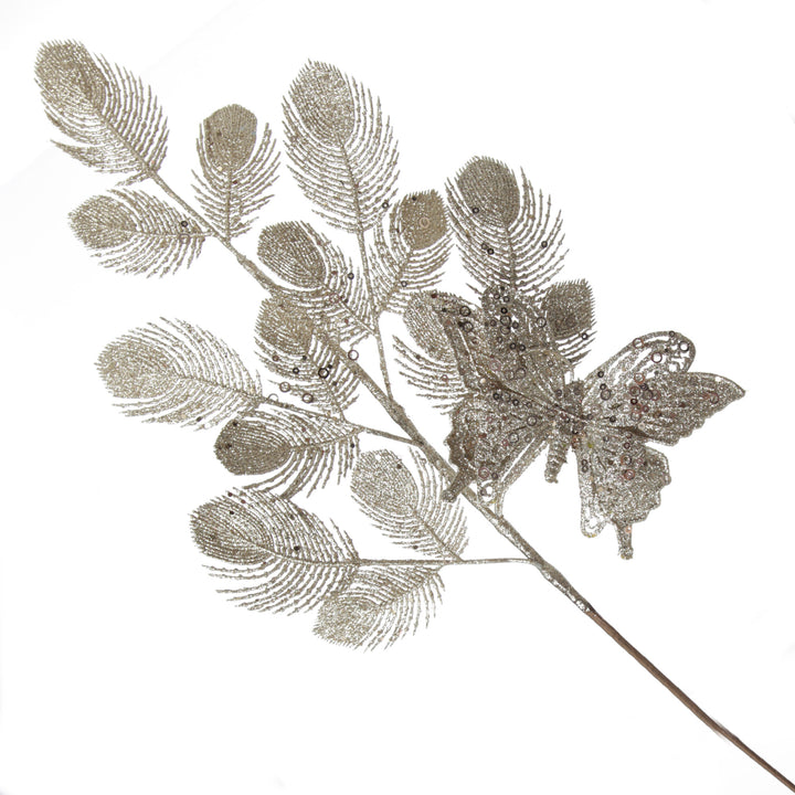 Champagne Glitter Feathers with Butterfly Spray Pick