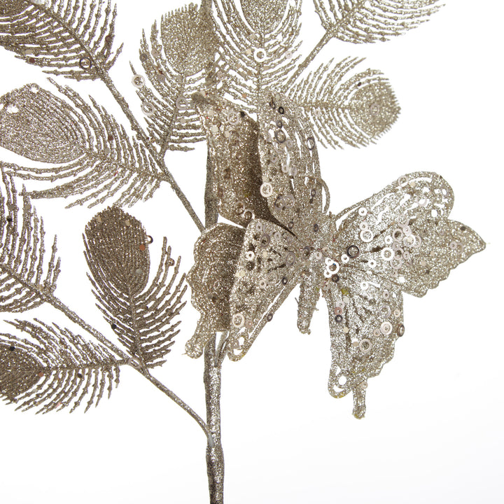 Champagne Glitter Feathers with Butterfly Spray Pick