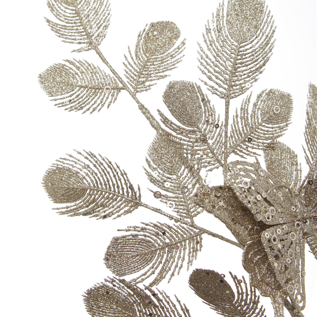 Champagne Glitter Feathers with Butterfly Spray Pick