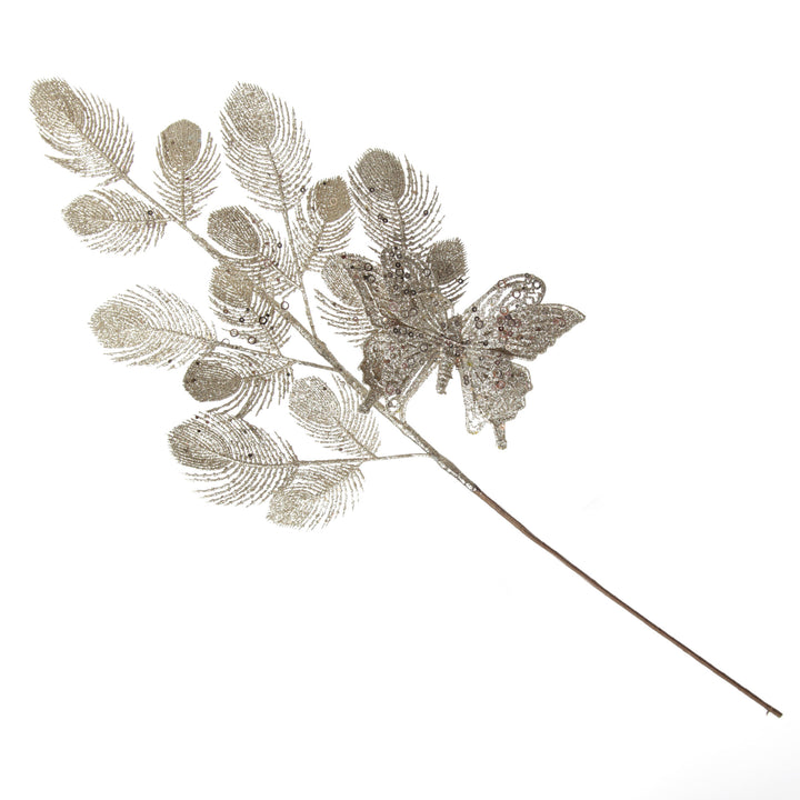 Champagne Glitter Feathers with Butterfly Spray Pick