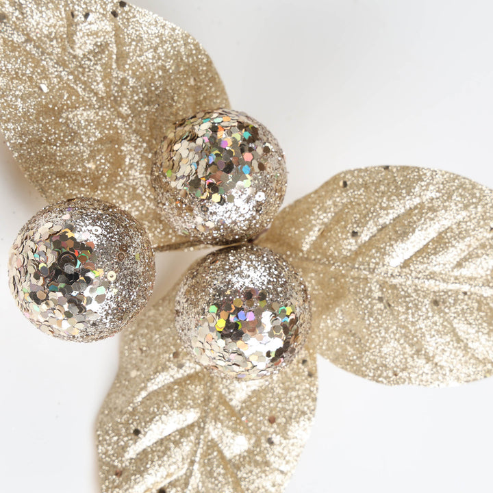 Champagne Glitter Leaf with Berries Flower Pick