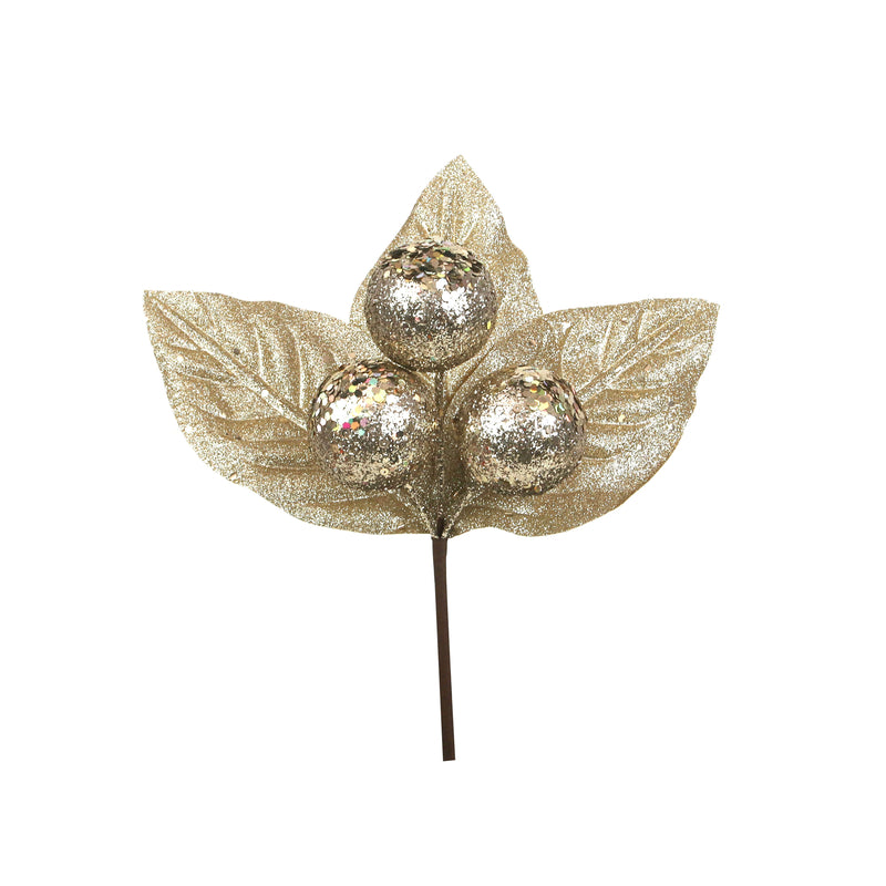 Champagne Glitter Leaf with Berries Flower Pick