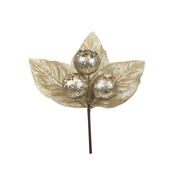 Champagne Glitter Leaf with Berries Flower Pick
