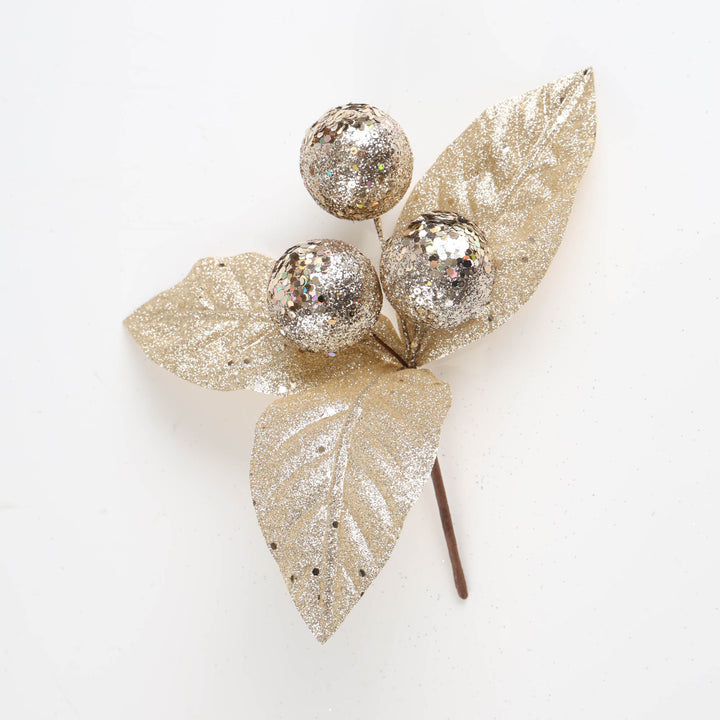 Champagne Glitter Leaf with Berries Flower Pick