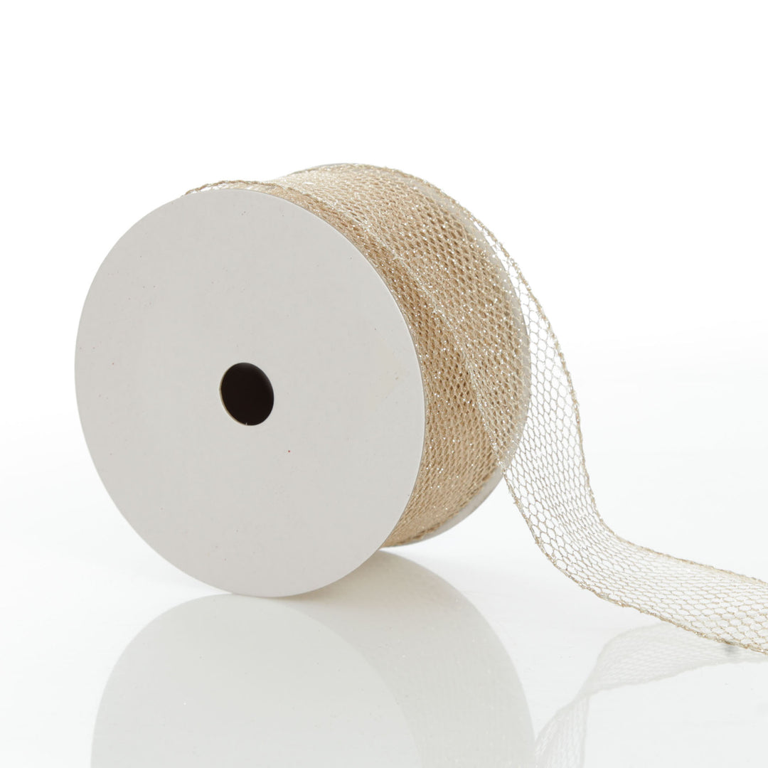 Champagne Mesh Wired Christmas RIbbon - 6.5cm