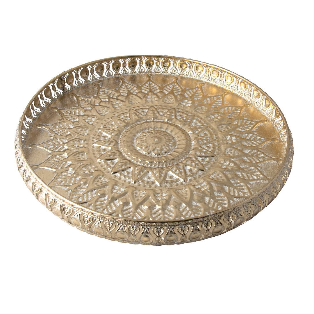 Champagne Metal Embossed Round Tray - 43cm(W)