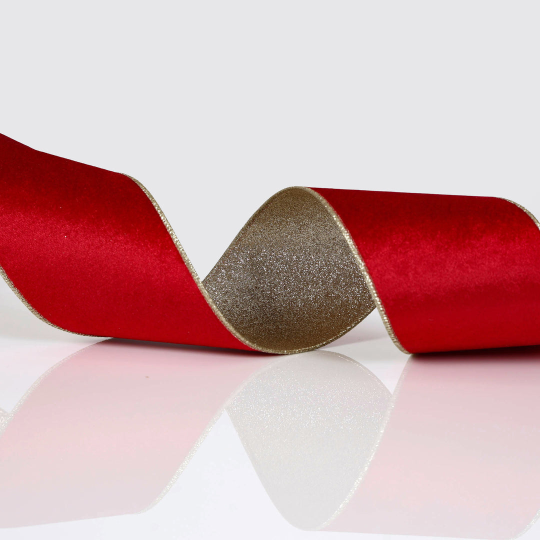 Red Velvet Champagne Glitter Wired Ribbon - 10cm x 10m