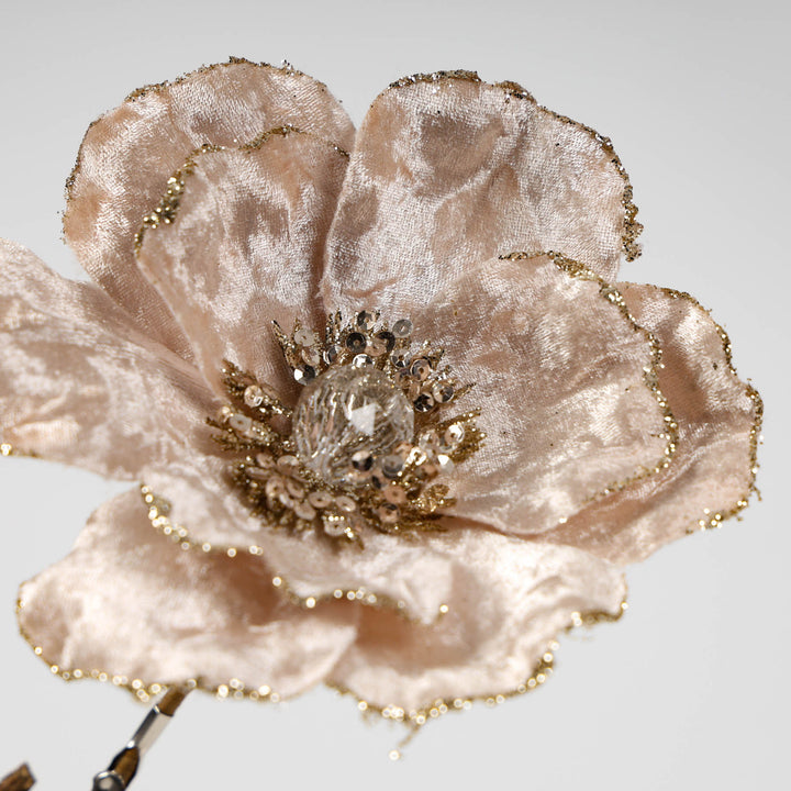 Champagne Velvet Magnolia Flower Clip 14cm