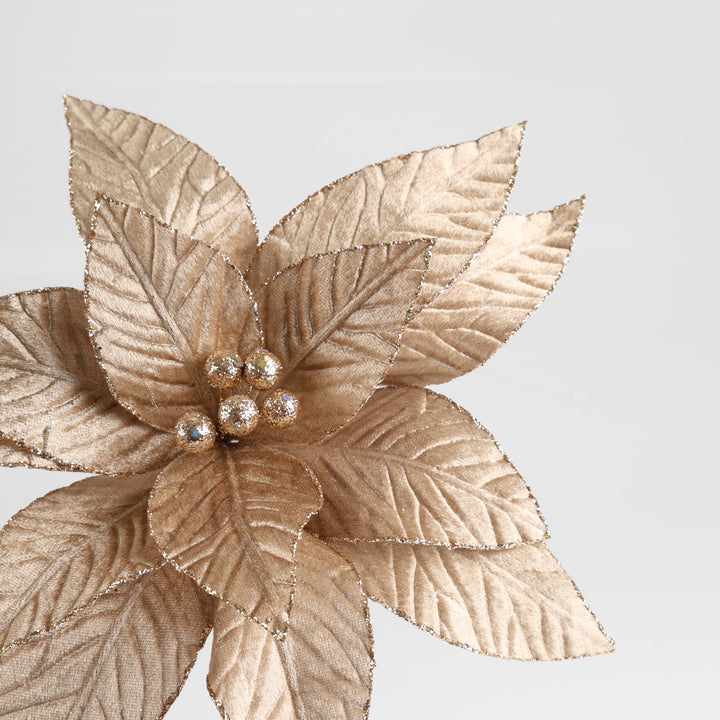 Champagne Velvet Poinsettia Flower Clip with Glitter Edges