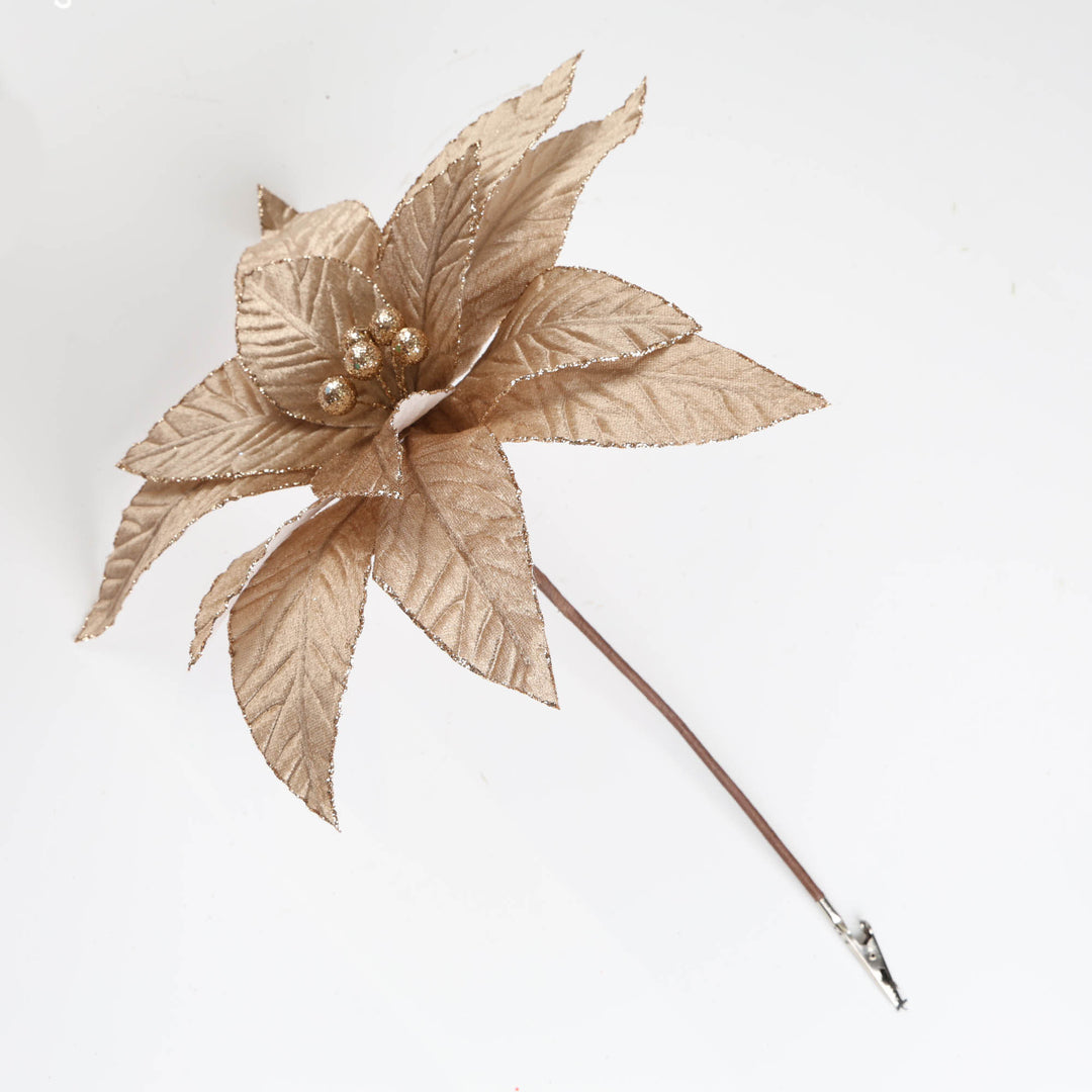 Champagne Velvet Poinsettia Flower Clip with Glitter Edges