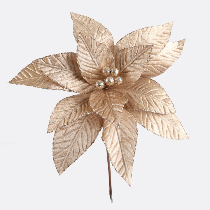 Copper Velvet Poinsettia Flower Stem with Sequin Edges