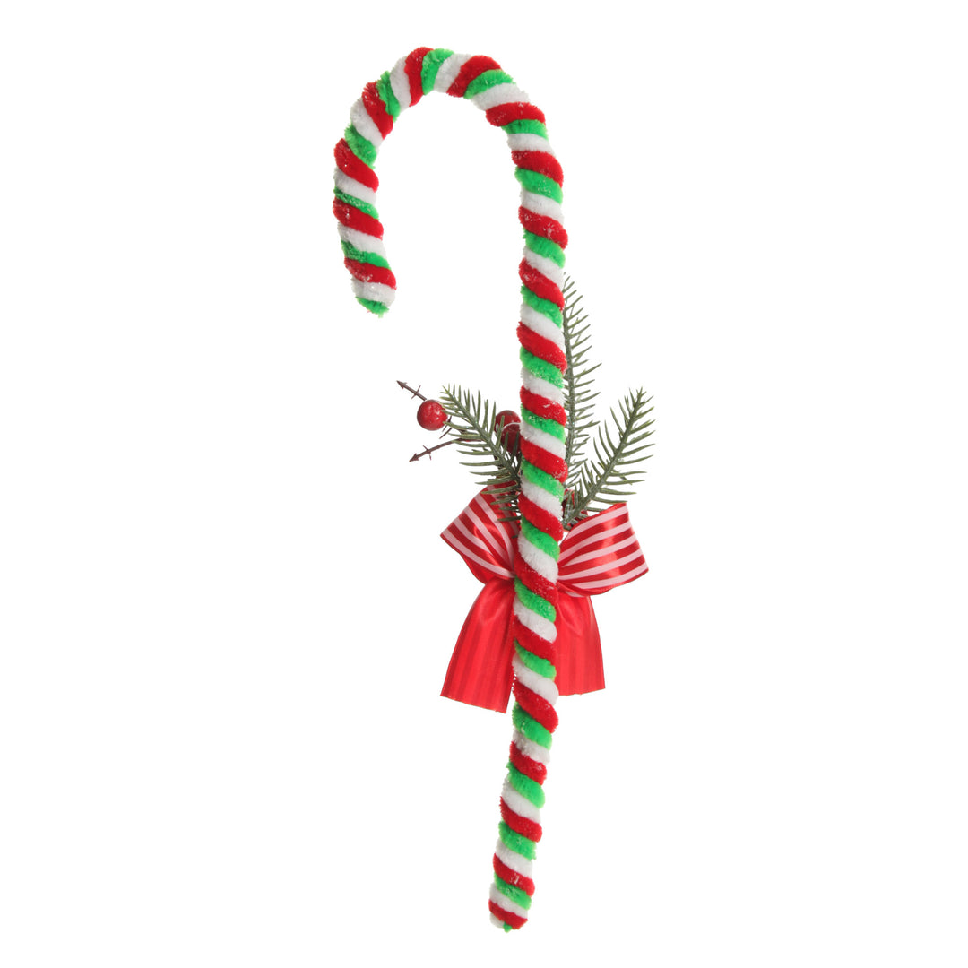 Large Chenille Stick Christmas Candy Cane with Pine and Berries - Set of 2