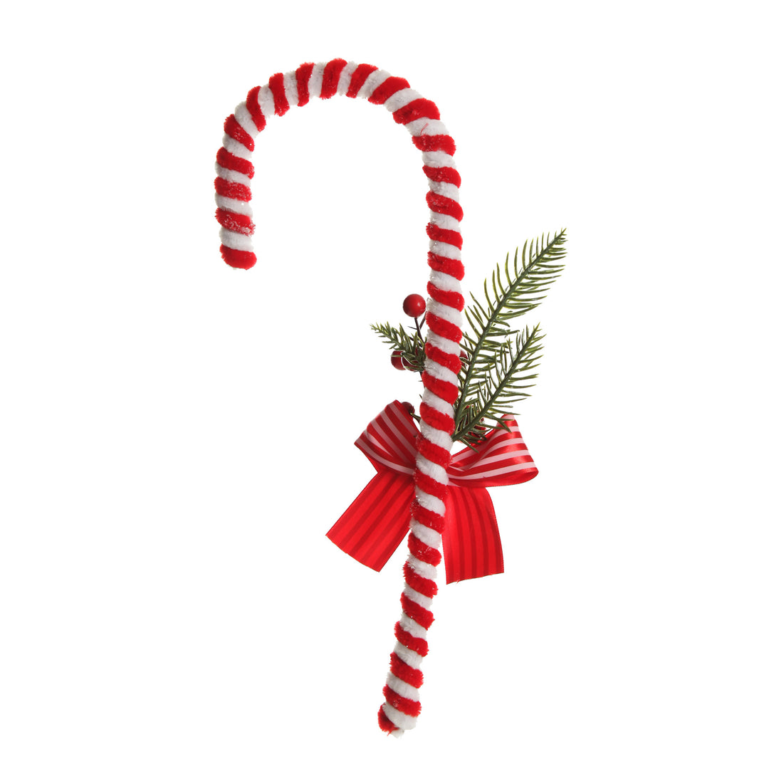 Large Chenille Stick Christmas Candy Cane with Pine and Berries - Set of 2