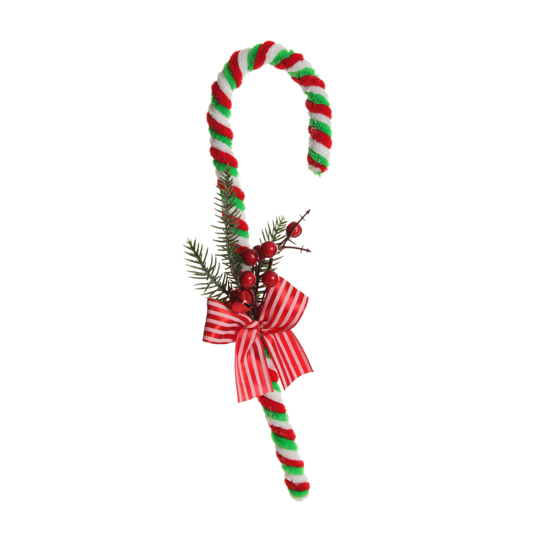 Large Chenille Stick Christmas Candy Cane with Pine and Berries - Set of 2