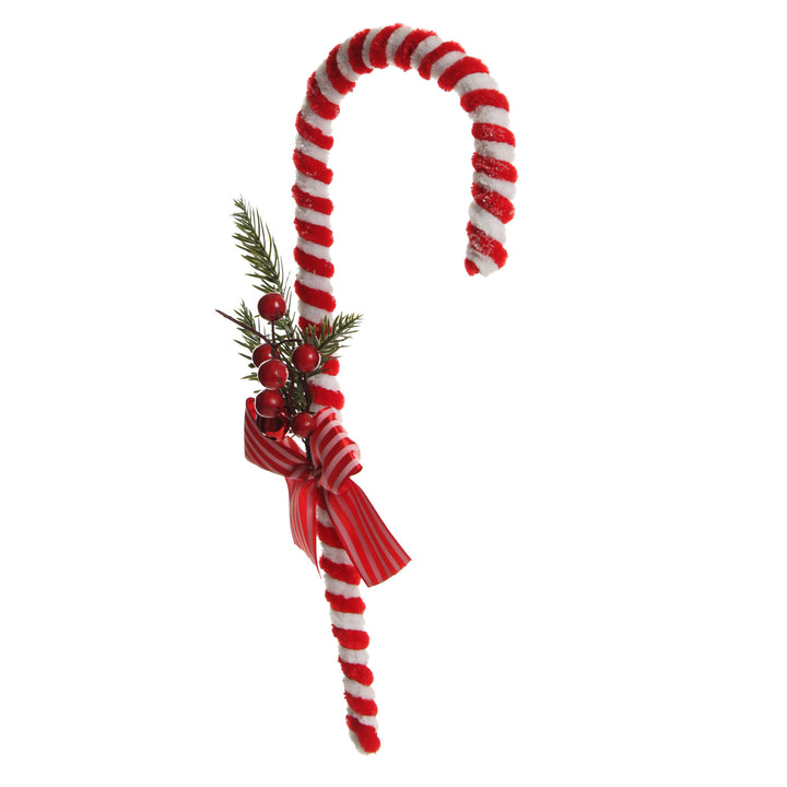 Large Chenille Stick Christmas Candy Cane with Pine and Berries - Set of 2