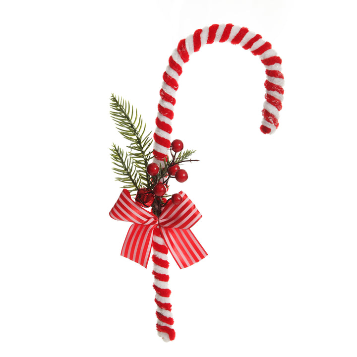 Large Chenille Stick Christmas Candy Cane with Pine and Berries - Set of 2
