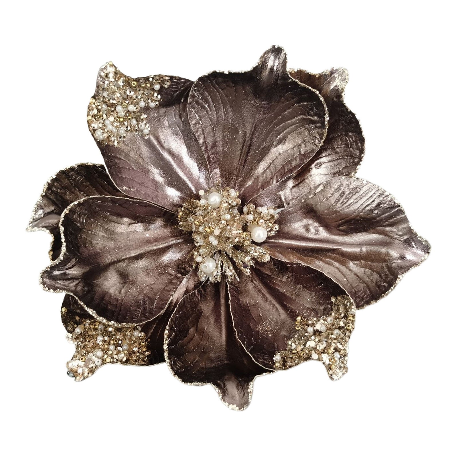 Chocolate Metallic Magnolia Flower Clip with Champagne Glitter