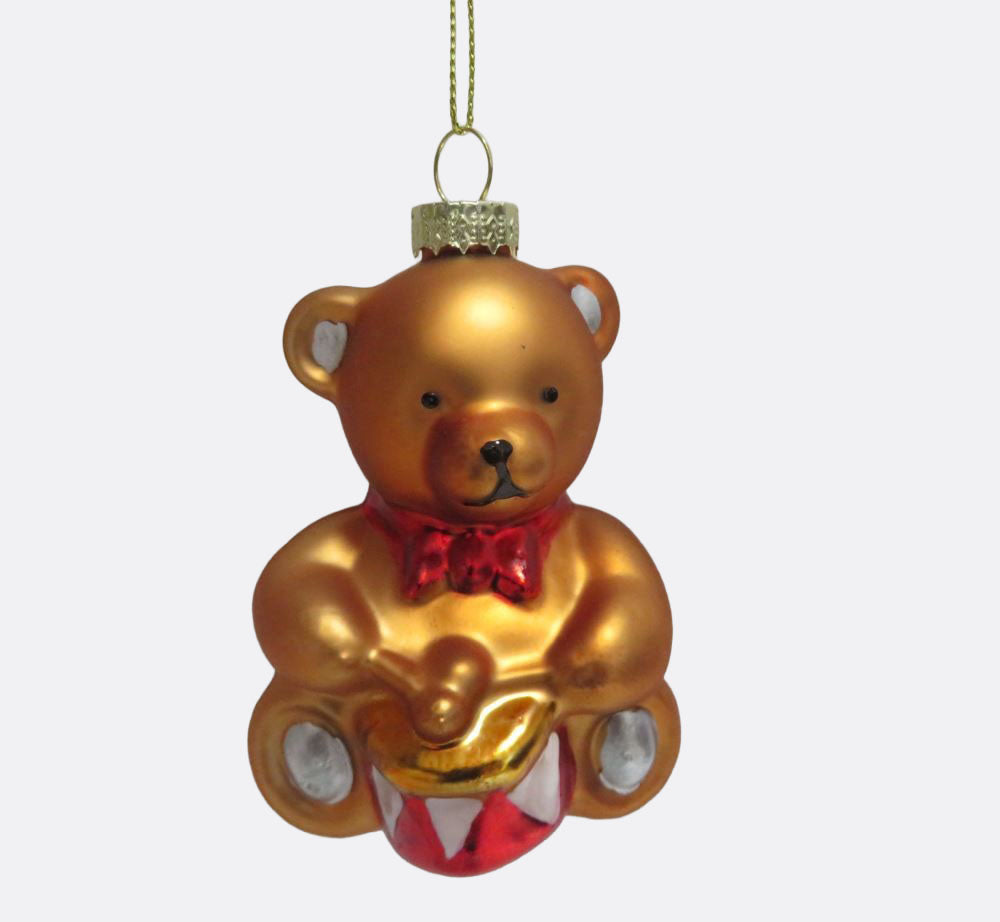 Christmas Bear Playing Drum - Glass Hanging Decoration