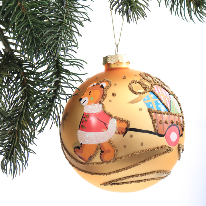 Gold Christmas Bear with Cart Bauble