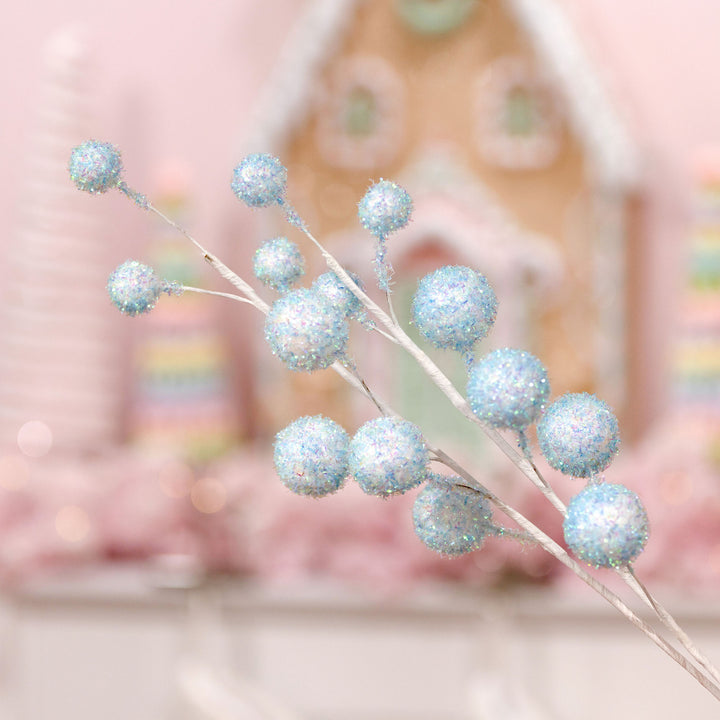 Pastel Blue Glitter Berry Christmas Spray - Set of 2