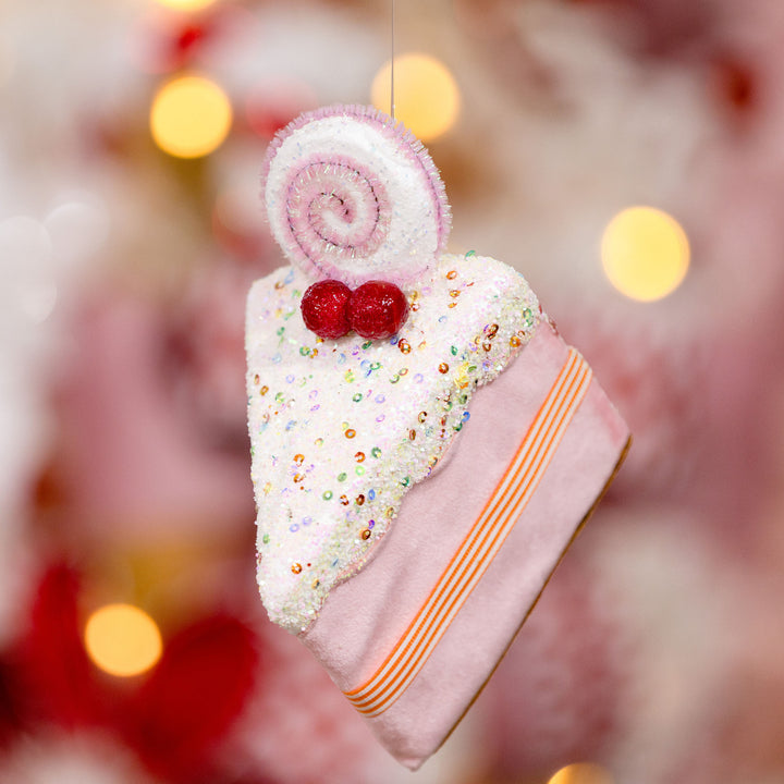 Pink Velvet Cake Slice with Frosting and Sprinkles Tree Decoration