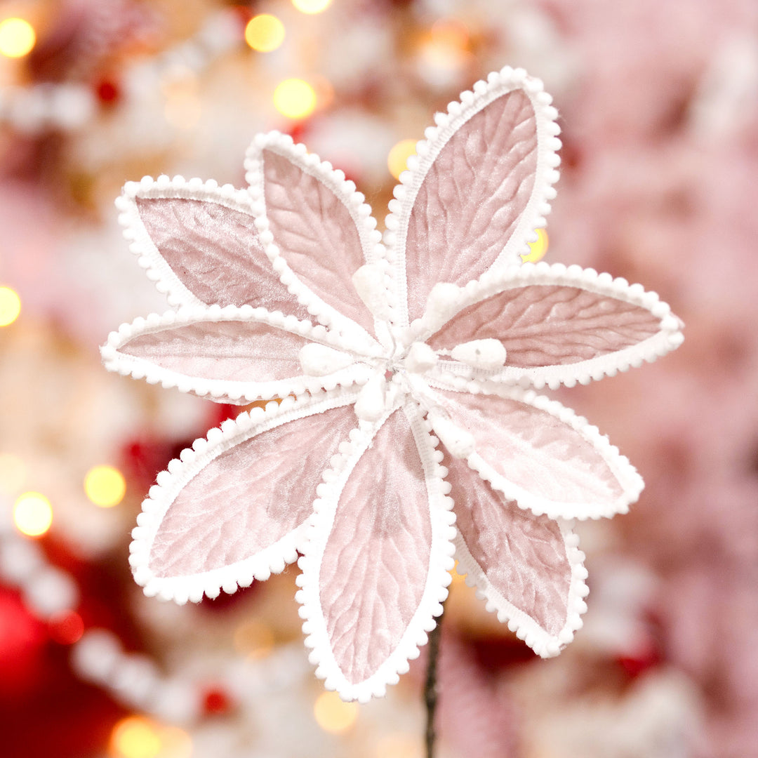 Pink Poinsettia Flower Stem with White Pom Pom Trim