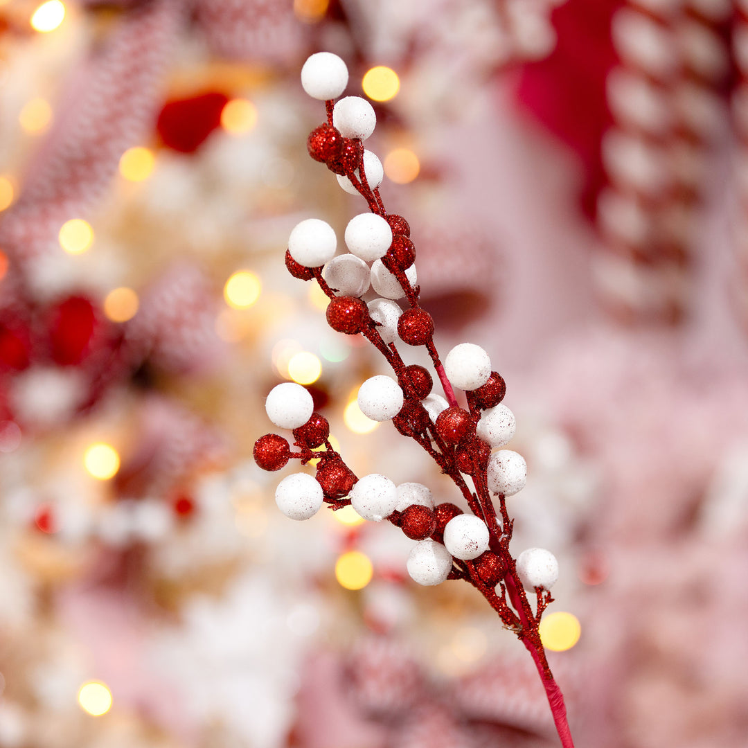 Red and White Glitter Ball Christmas Pick