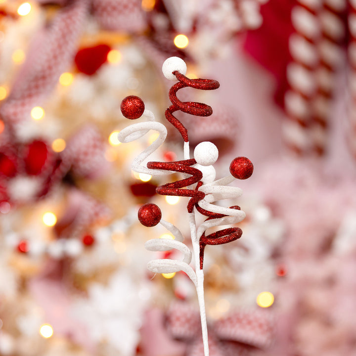 Red and White Glitter Curly Christmas Pick