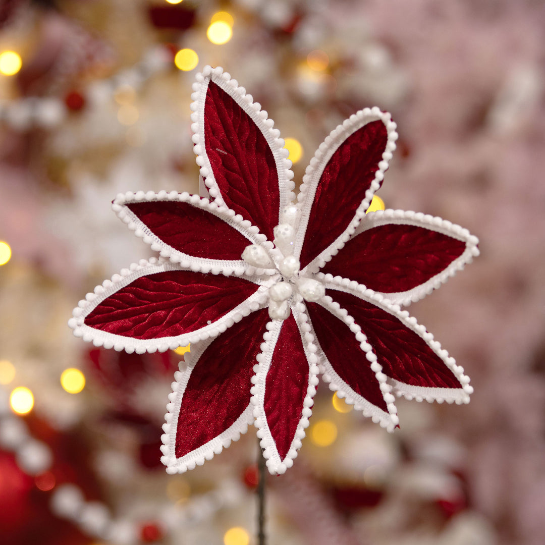 Red Poinsettia Flower Stem with White Pom Pom Trim
