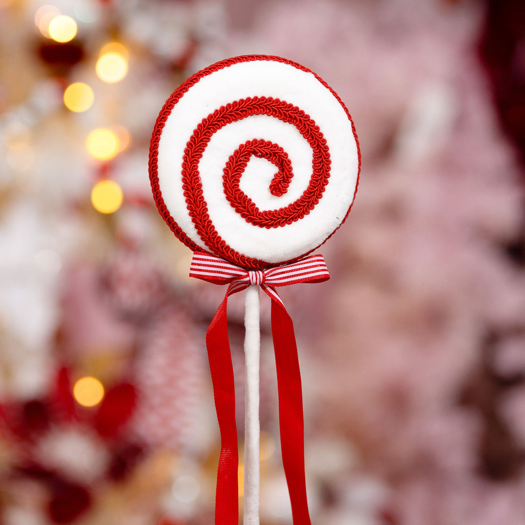 Red and White Velvet Swirl Lollipop Pick with Braided Trim
