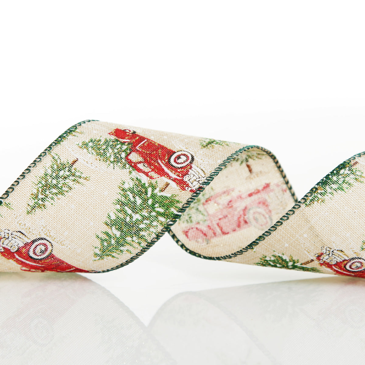 Christmas Ute with Snowy Trees Natural Linen Wired Ribbon - 6.25cm