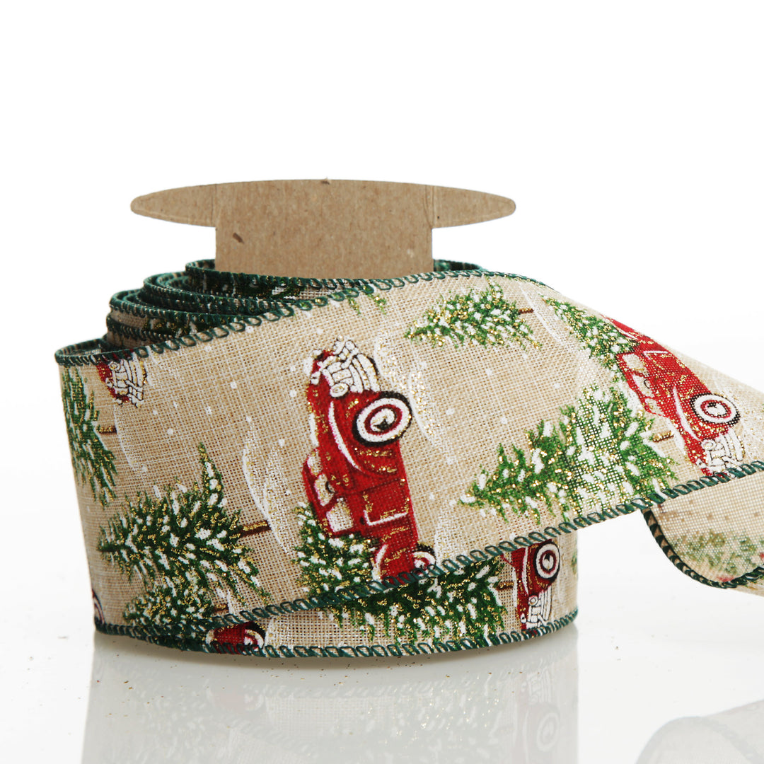 Christmas Ute with Snowy Trees Natural Linen Wired Ribbon - 6.25cm