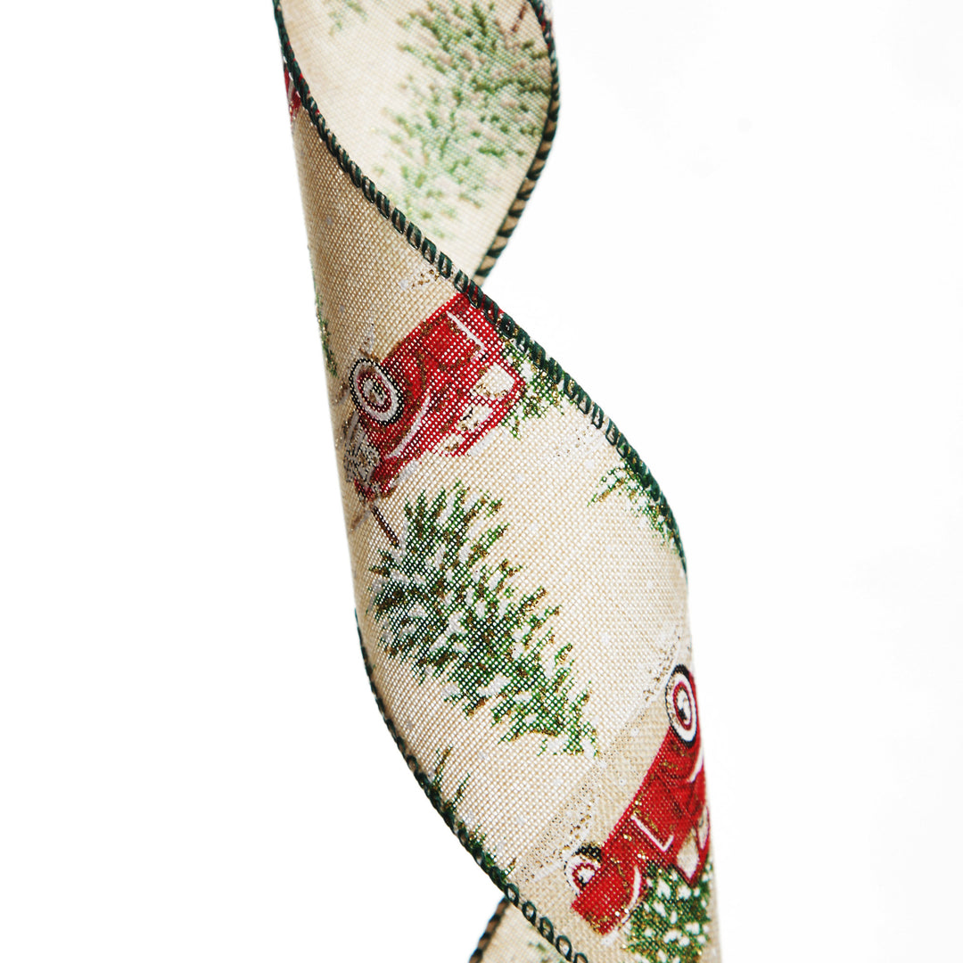 Christmas Ute with Snowy Trees Natural Linen Wired Ribbon - 6.25cm
