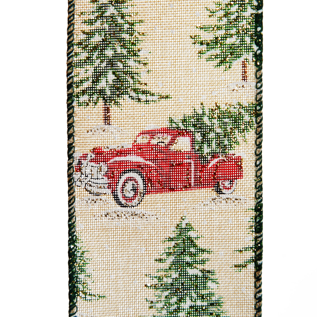 Christmas Ute with Snowy Trees Natural Linen Wired Ribbon - 6.25cm