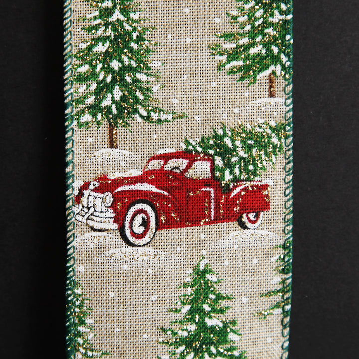 Christmas Ute with Snowy Trees Natural Linen Wired Ribbon - 6.25cm