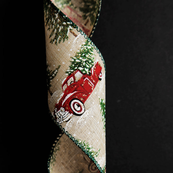 Christmas Ute with Snowy Trees Natural Linen Wired Ribbon - 6.25cm