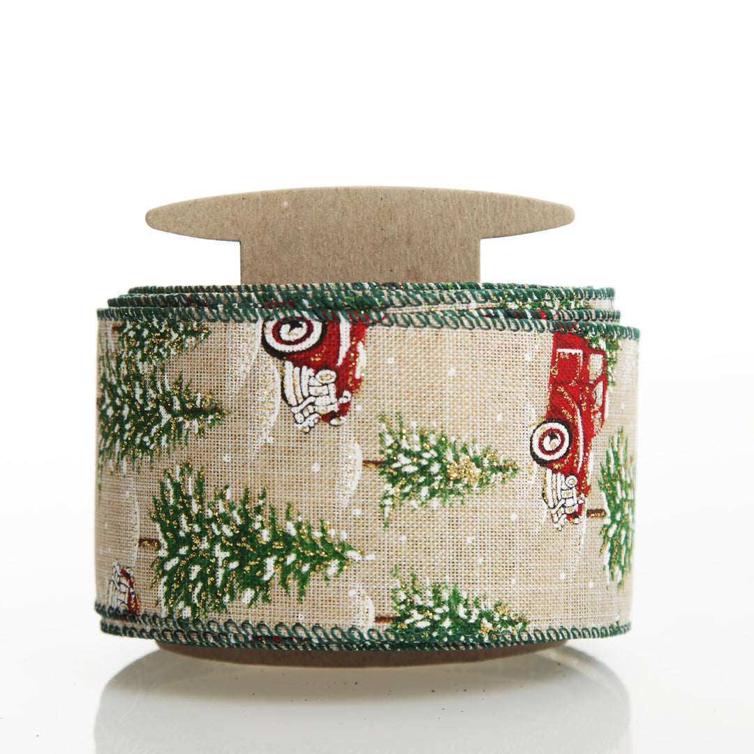Christmas Ute with Snowy Trees Natural Linen Wired Ribbon - 6.25cm