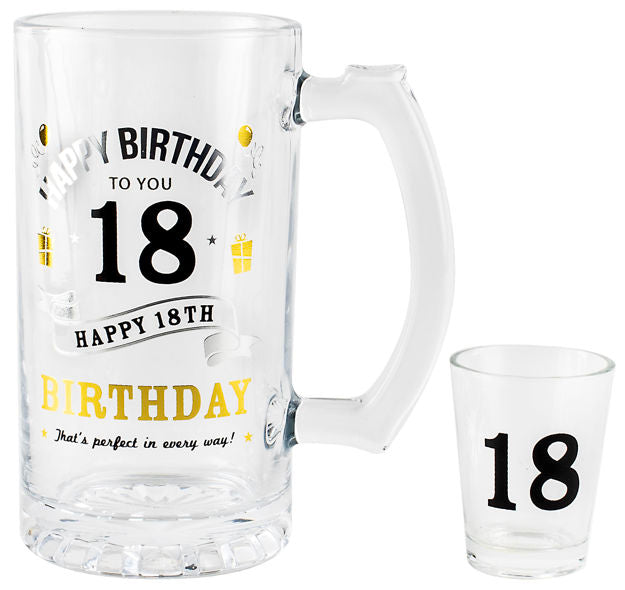 Classic 18th Happy Birthday Tankard Glass Stein and Shot Glass Set