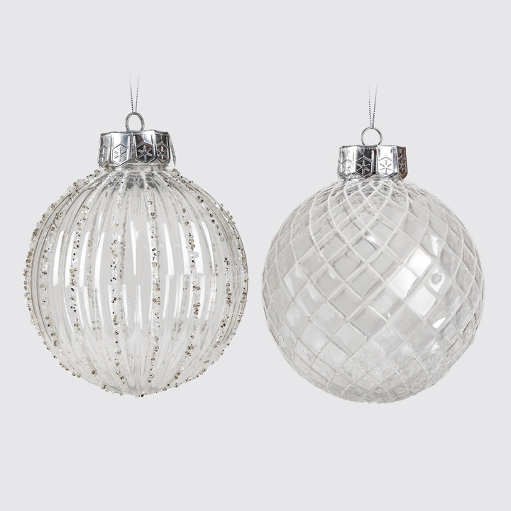 Clear Handpainted White and Silver Christmas Bauble 15cm - Set of 2