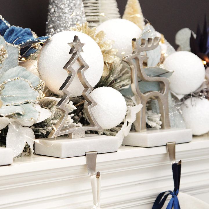 Hollow Raw Silver Reindeer Christmas Stocking Hanger with Quartz Base