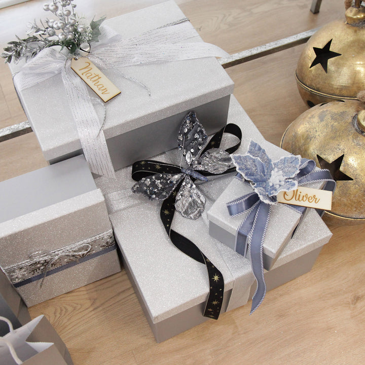 Three Assorted Silver and Blue Braid and Glitter Christmas Ribbons