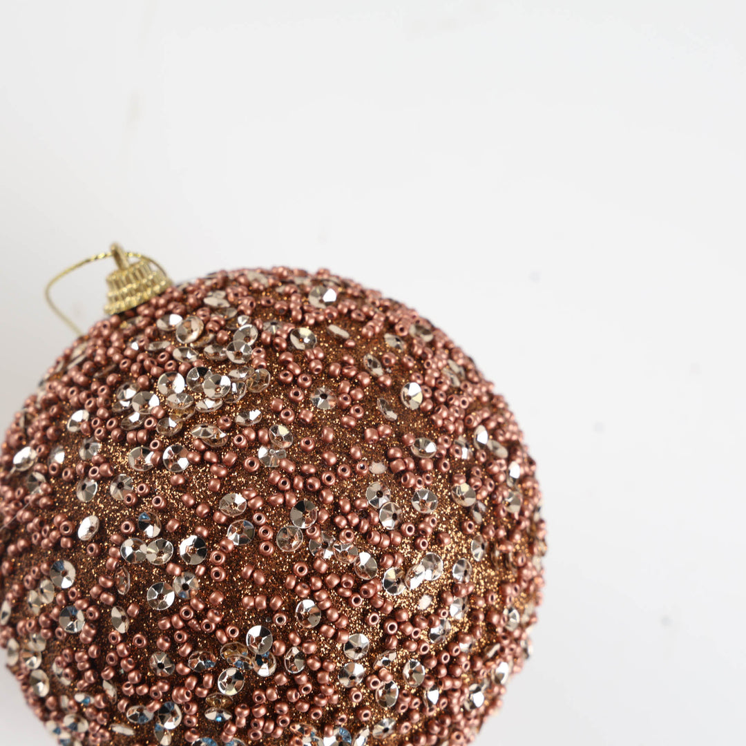 Copper Glitter Beaded Bauble - 10cm