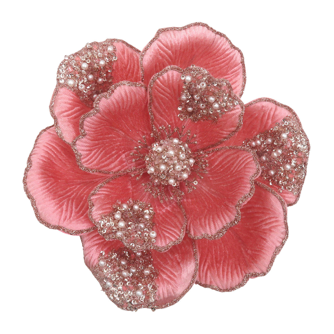 Coral Pink Magnolia Flower Clip with Beaded Petals - 22cm