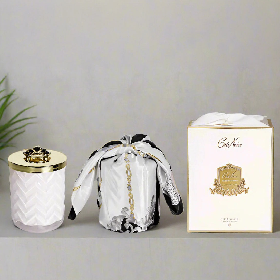 Cote Noire Herringbone Candle with Scarf- White - with Crown Broach