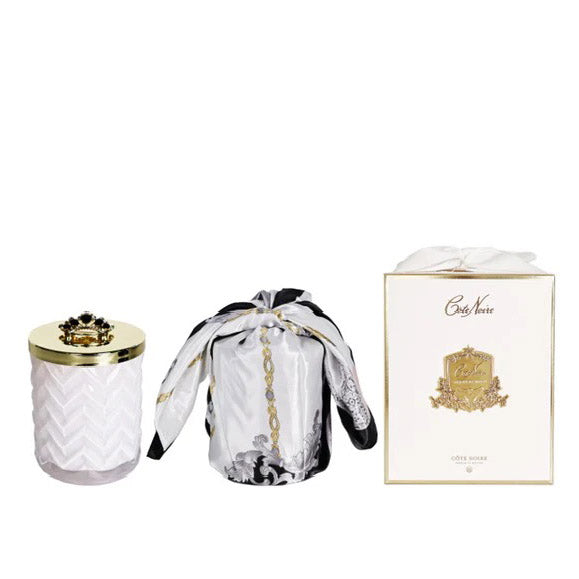 Cote Noire Herringbone Candle with Scarf- White - with Crown Broach