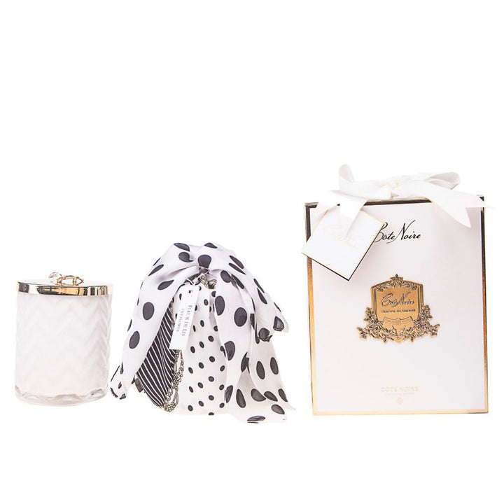 Cote Noire Lily Flower scented Herringbone Candle with Scarf - Golden Lily Brooch