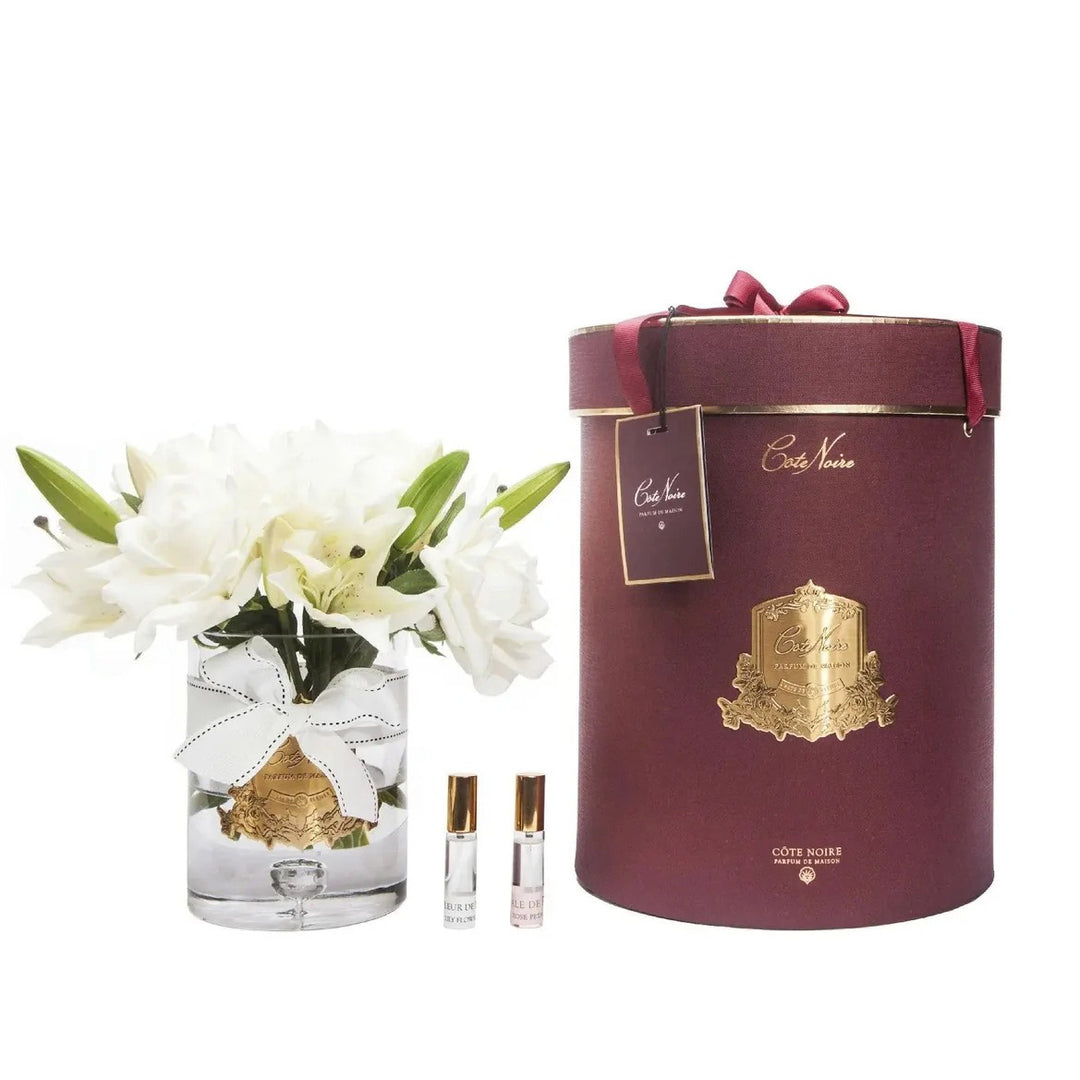 Cote Noire Luxury- Champagne Roses &amp; Lilies in a Burgundy Box