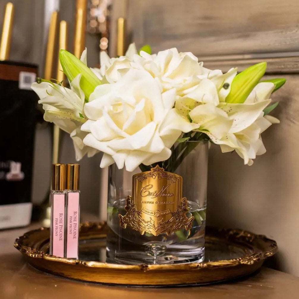Cote Noire Luxury- Champagne Roses & Lilies in a Burgundy Box