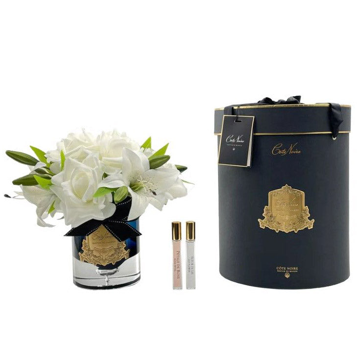 Cote Noire Luxury White Roses &amp; Lilies Bouquet Dark Glass in Black Box