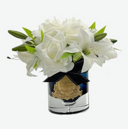 Cote Noire Luxury White Roses &amp; Lilies Bouquet Dark Glass in Black Box